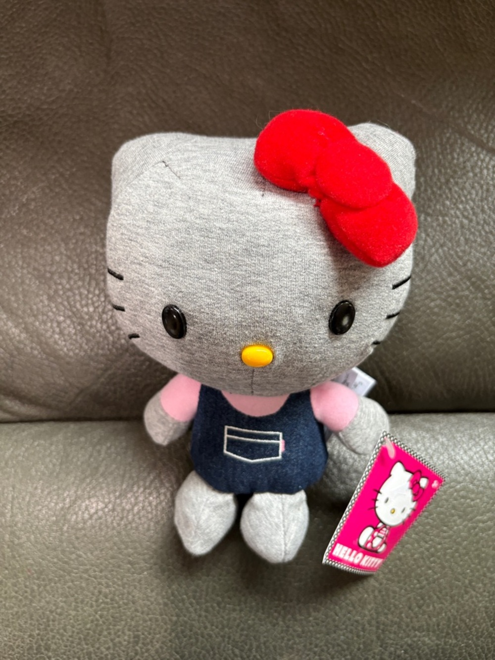 Hello kitty gray 8 in stuffed animal in denim like outfit